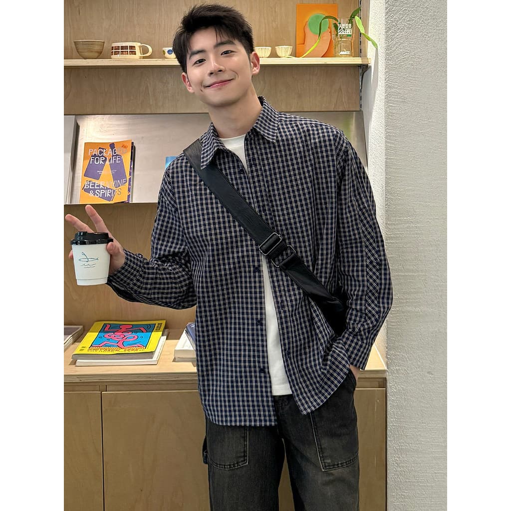 Japonês azul marinho puro algodão lapela camisa xadrez de manga comprida meninos solto adolescente Retro camisa fina pri