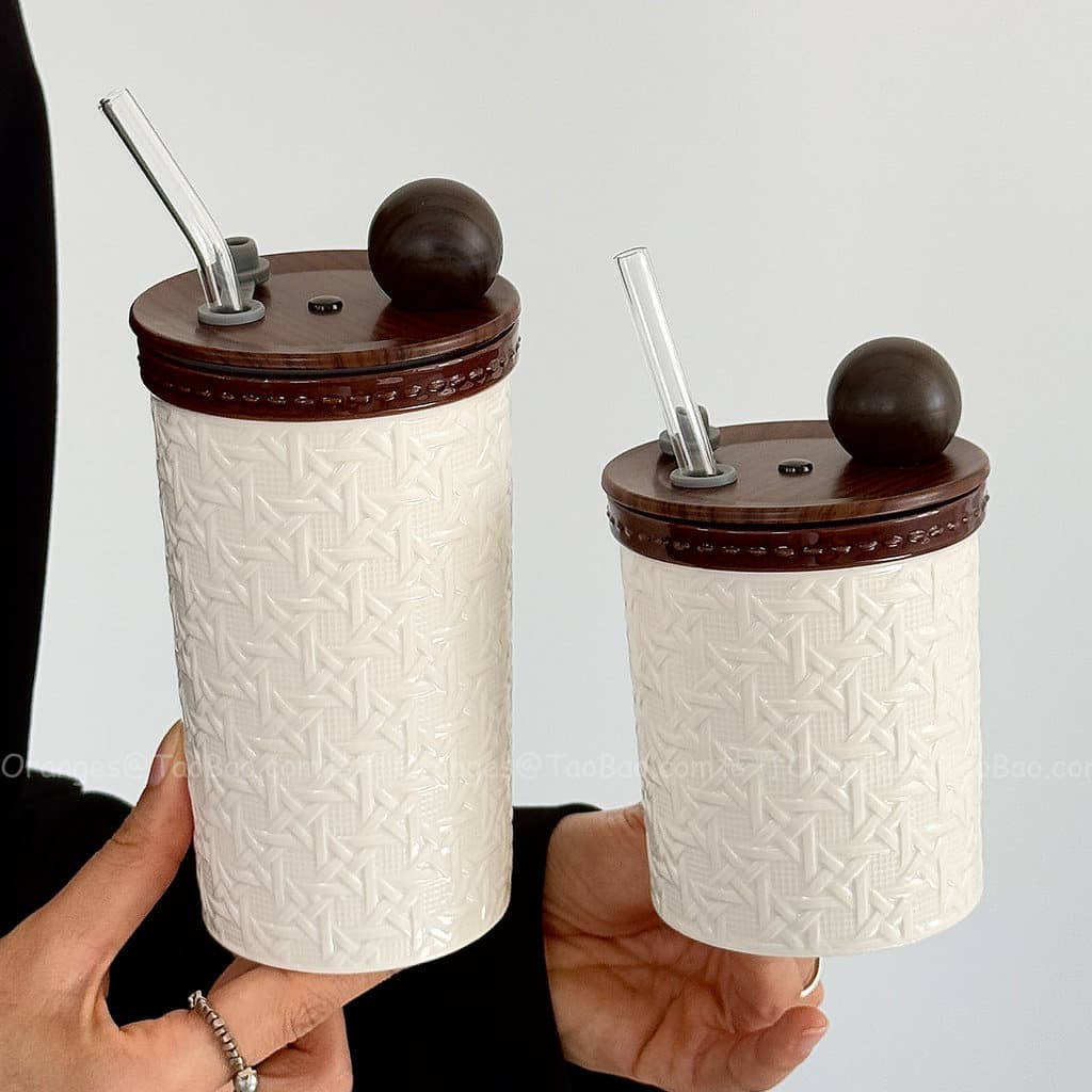 Merad Retro marrom Rattan padrão cerâmica copo de mão com tampa copo de palha copo de água grande capacidade xícara de c