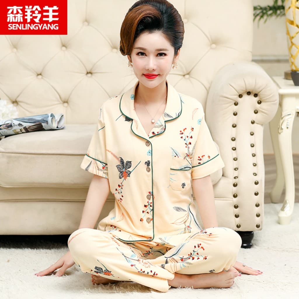 Pijamas femininos de algodão puro, calças de manga curta, algodão fino, verão, meia-idade, mães idosas, Plus Size, cardi