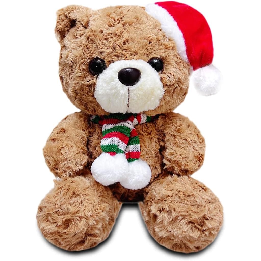 Urso de Pelúcia Marrom, 9,84" Brinquedo de Pelúcia Fofo com Chapéu de Natal, Urso de Pelúcia Macio e Abraçável para Meni