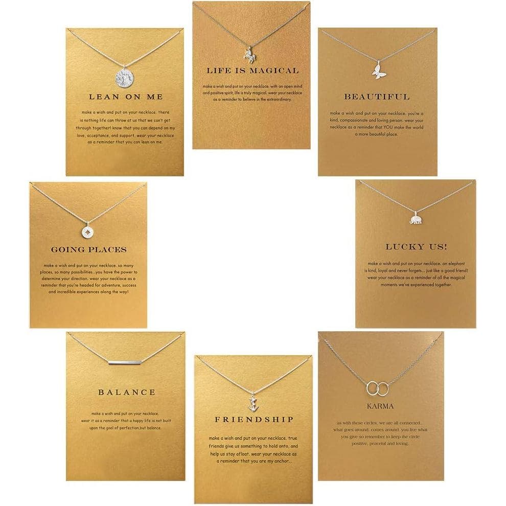 Conjunto de 8 Colares de Amizade com Unicórnio, Colar com Pingente de Elefante da Boa Sorte e Cartão de Mensagem, Lembra