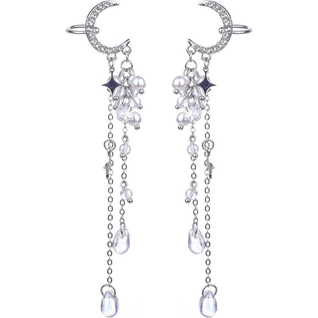 Kercisbeauty Brinco de Orelha Lua com Estrelas e Franjas, Clipe Envolvente Sem Furo, para Mulheres, Fantasia de Fada, Jo
