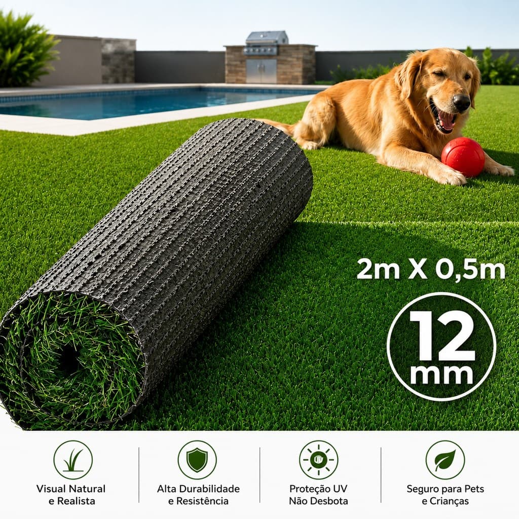 Grama Sintética 12mm - (1m²) 2mX0,5m Verde Jardim Varanda Playground Proteção Uv