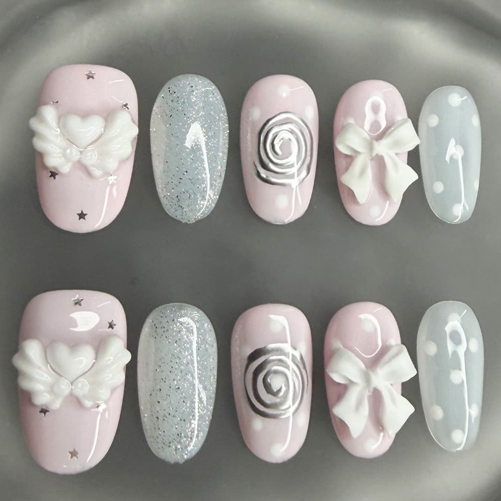 Coreano Vintage Bonito Bolinhas Rosa Branco Curto Oval Artesanal Imprensa Em Unhas Wishcore Suave Feminino Arte Do Prego