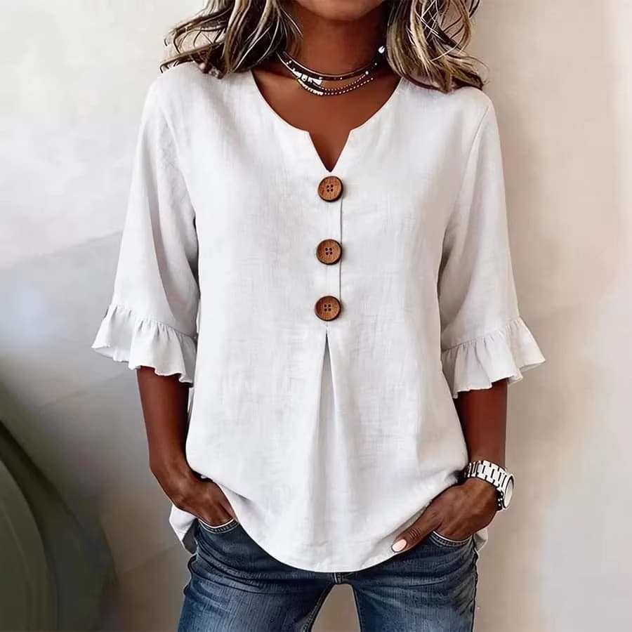 Verão feminino com decote em v algodão linho botão topo confortável Casual elegante All-Match