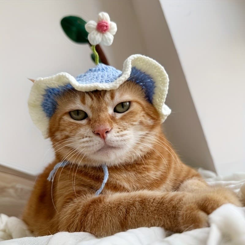 Um elegante gorro de crochê com tema de gato, com babados e decorações florais, feito de material macio para uso confort