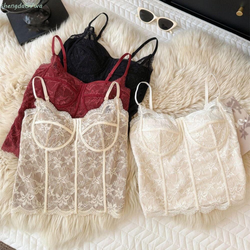 SHENGDA Top Curto De Renda Fina , Colete Doce De Verão Para Meninas , Camisa De Fundo Com Almofadas