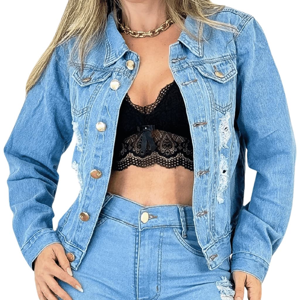 Jaqueta Jeans Feminina Clara com 7 Botões Com Detalhes Destroyed MIIX_&_ SHOPPING