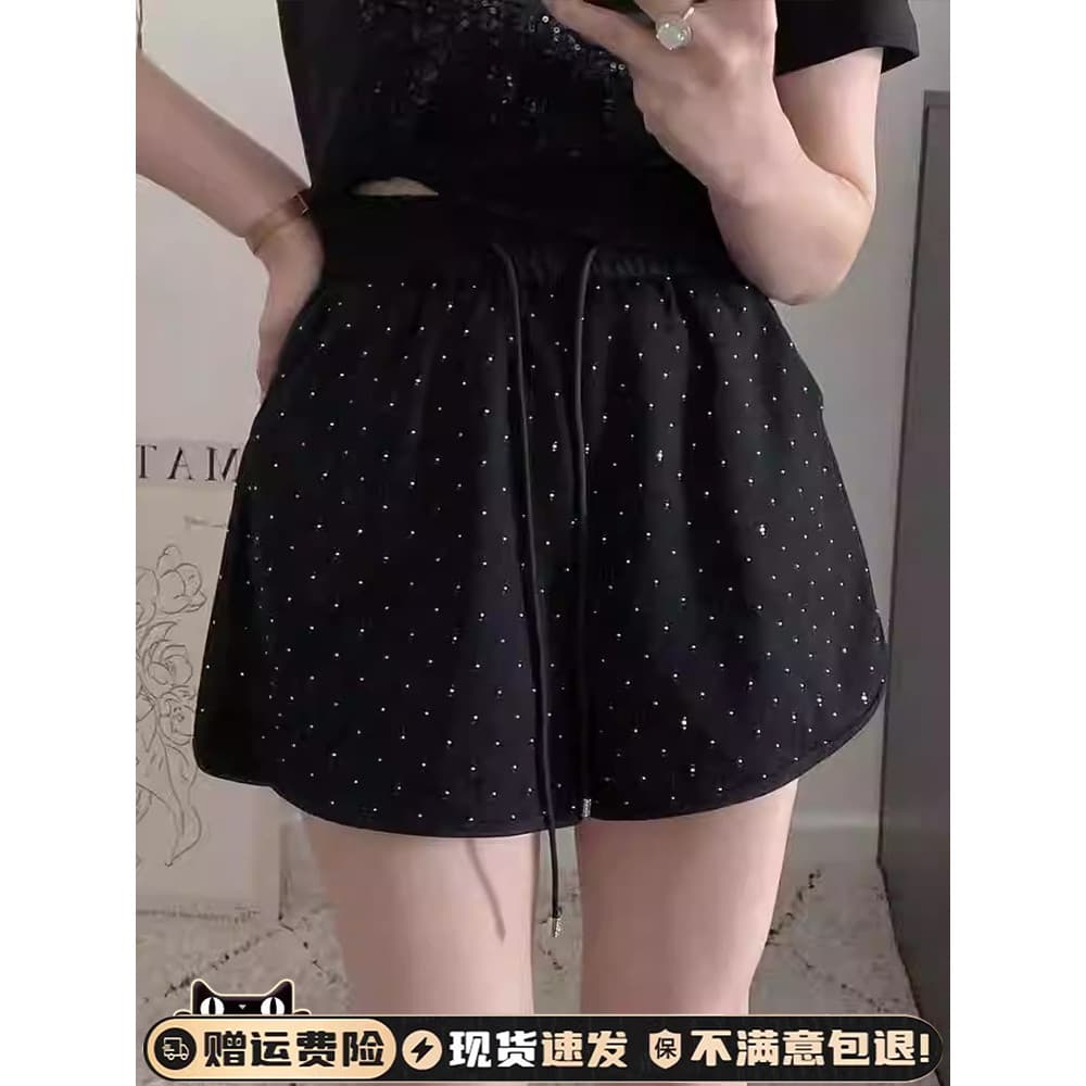 Cintura alta indústria pesada diamante quente Shorts casuais feminino primavera verão mais magro olhar brilhante preto e