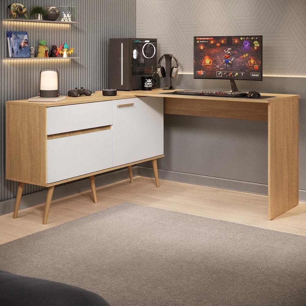 Mesa Gamer Em L Para Computador 2 Portas 1 Gaveta Arena Multimóveis Mp6050 Madeirado-branco