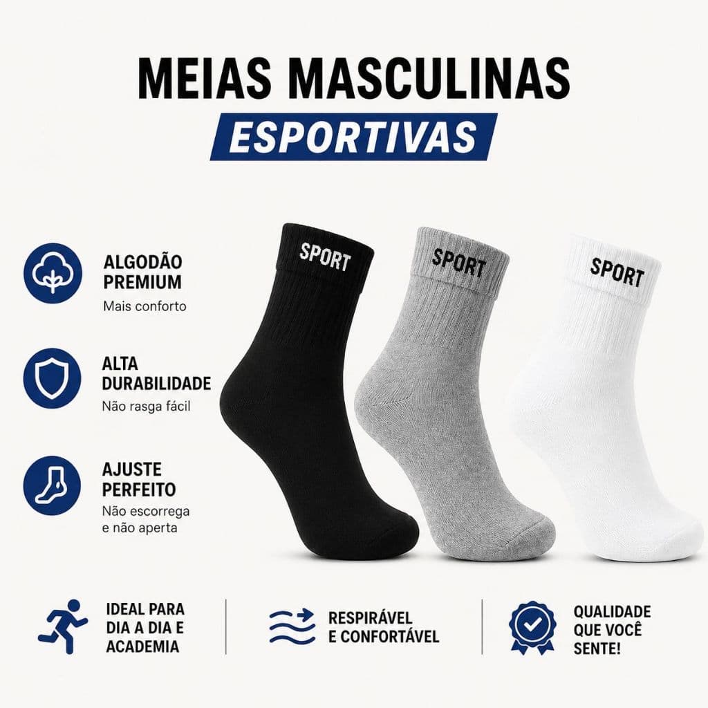 Meias Masculinas Esportivas de Algodão, Cano Alto/Longo | Kit 1, 3 ou 6 Pares