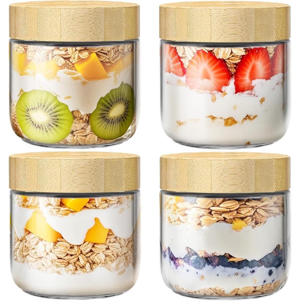 Conjunto de 4 Potes de Vidro de 10oz para Overnight Oats com Tampas de Bambu, Potes de Vidro com Tampas Herméticas para