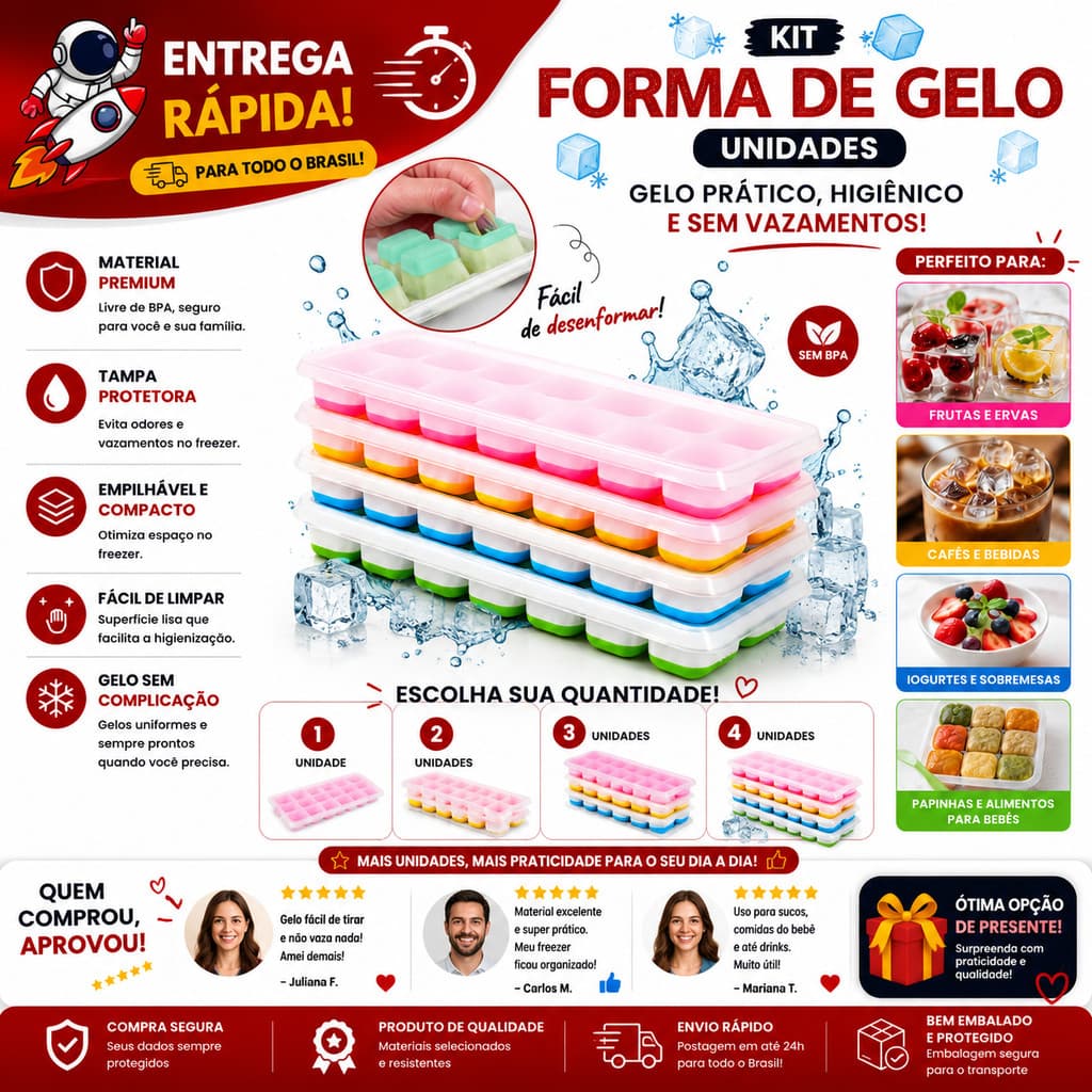 Formas de Gelo Silicone com Tampa 1 a 4 unidades Flexível Reutilizável