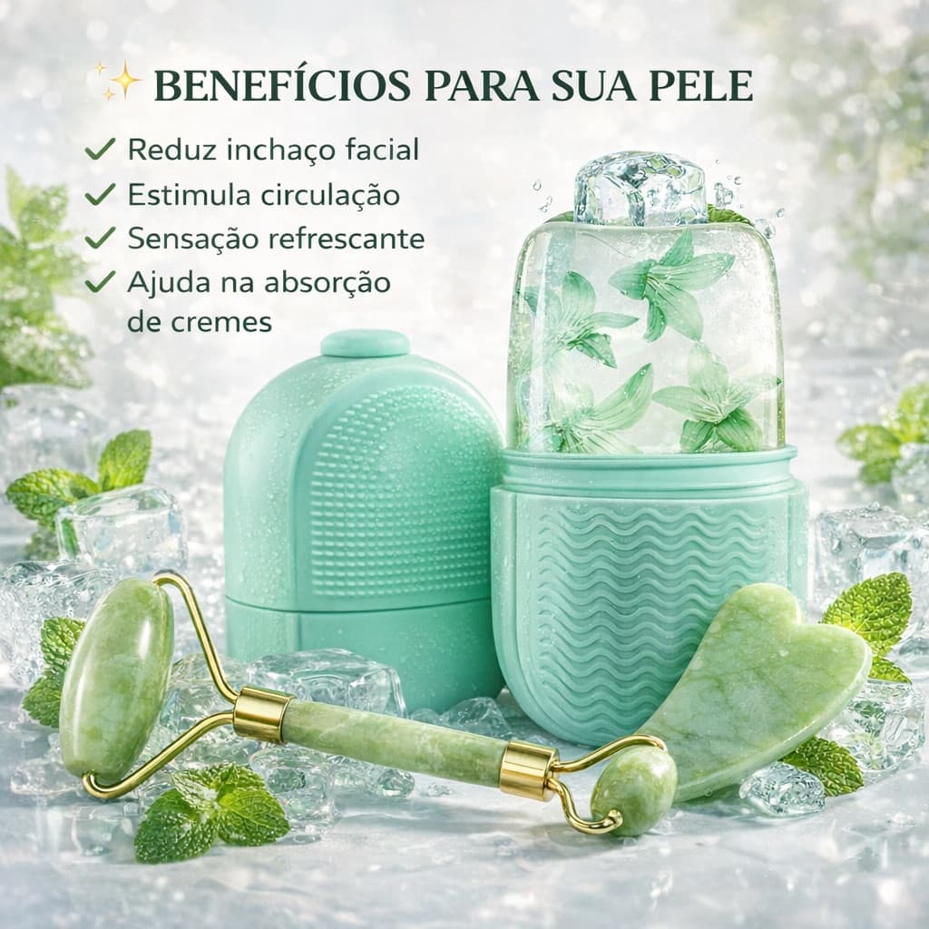 Kit Spa Facial Completo – Jade Roller, Gua Sha e Forma de Gelo para Massagem Refrescante da Pele