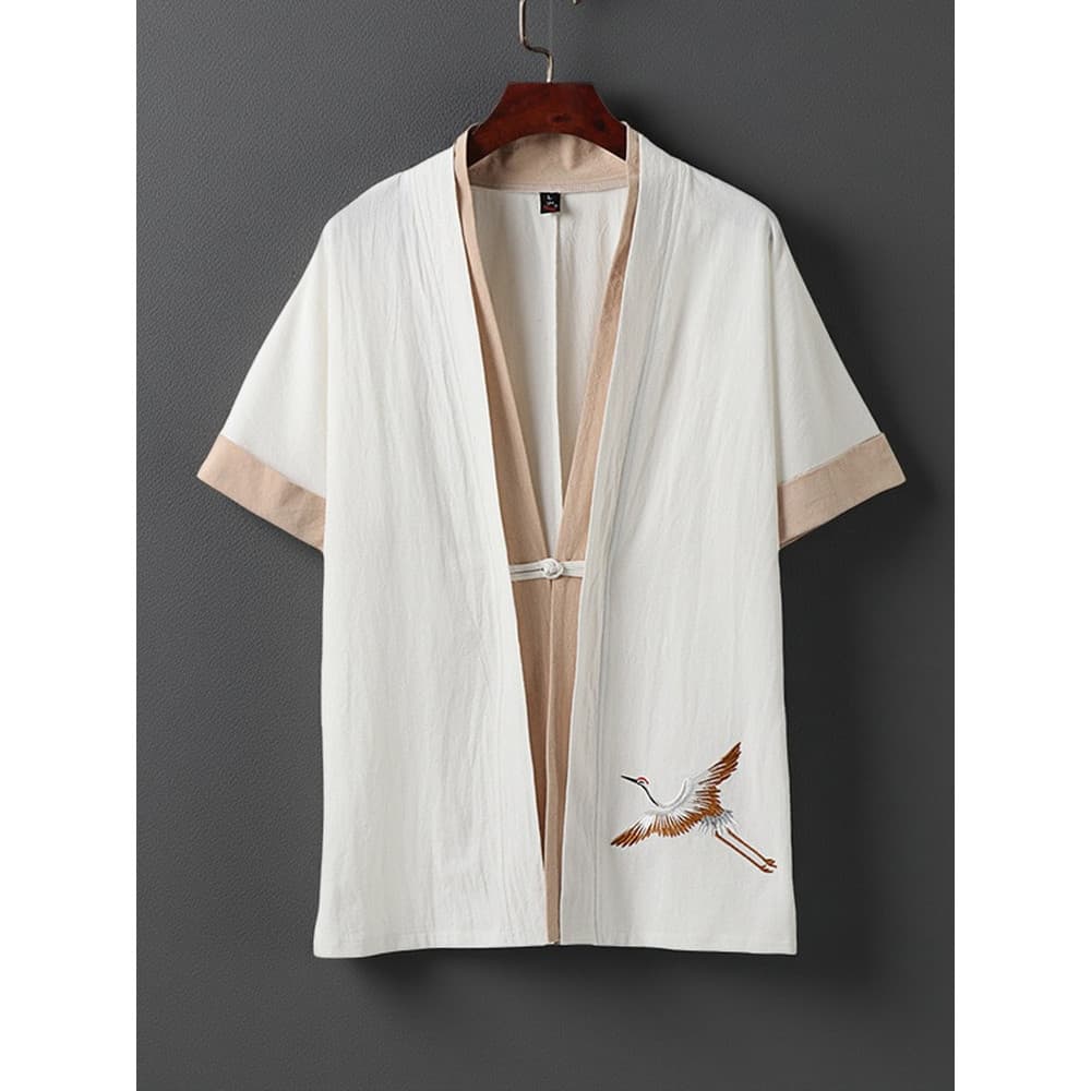 Algodão linho Hanfu masculino manga três quartos Cardigan taoísta Robe pijamas masculino terno de linho Retro estilo chi
