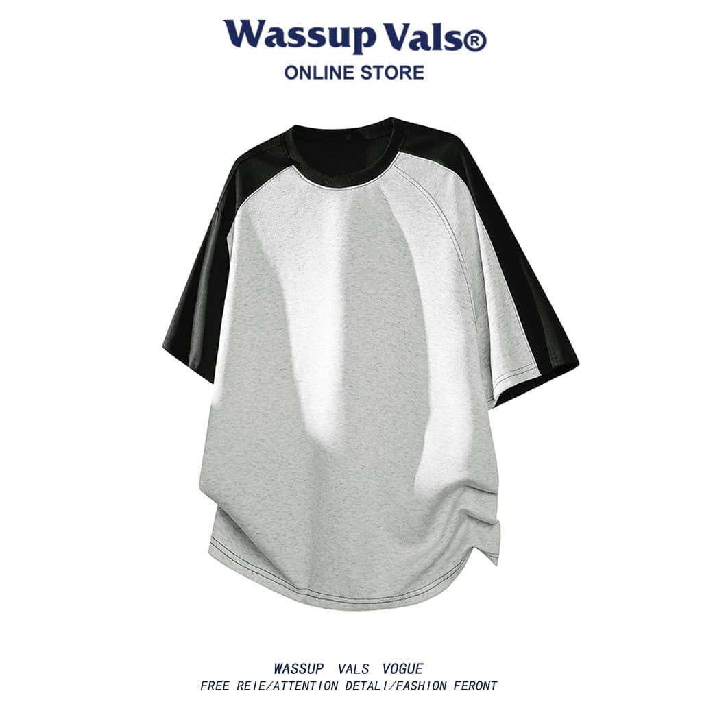 WASSUP VALS Street Wear Heavy Contraste Costura Camiseta de manga curta masculina solta Casual gola redonda tamanho gran
