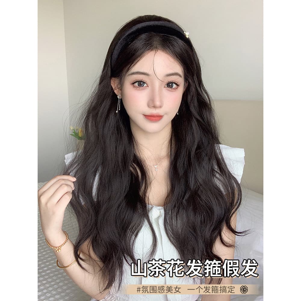 Peruca de cabeça feminina versão coreana cabelo médio longo destacável peruca completa crânio alto ferramenta útil camél