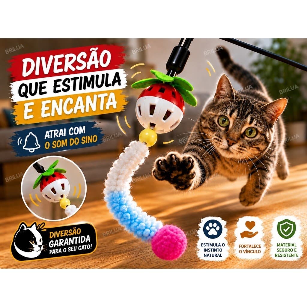 Varinha Interativa para Gatos com Sino e Pelúcia Macia | Brinquedo Divertido para Estimular o Instinto de Caça