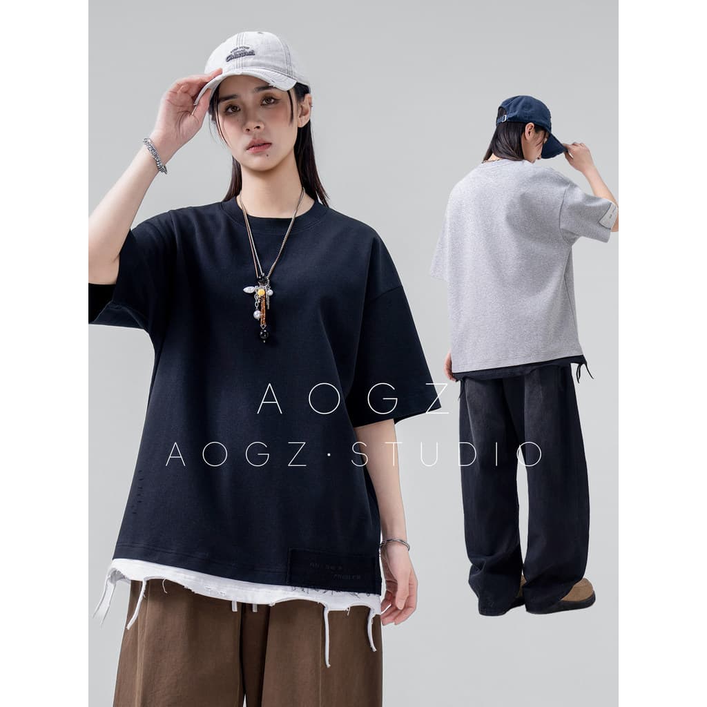AOGZ falso de duas peças pesado de manga curta camiseta das mulheres dos homens verão solto em torno do pescoço Design q