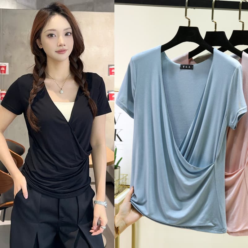 Verão estilo fino Modal solto de manga curta camiseta feminina exterior Wear combinando estilingue camiseta cor sólida e