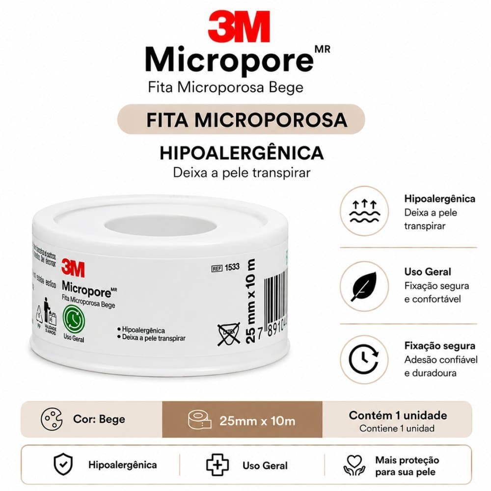 FITA MICROPORE HIPOALERGÊNICA BEGE - 3M 25MM X 10M