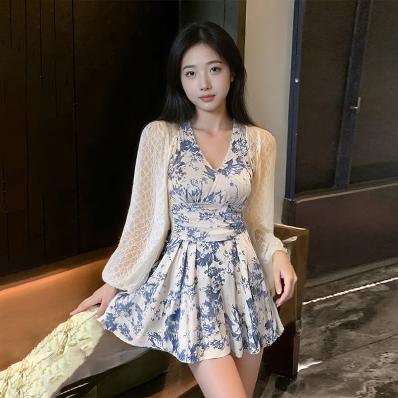 2025 novo estilo verão maiô de uma peça feminino saia Floral estilo cobrindo carne mais magro olhar tinta azul Design fé