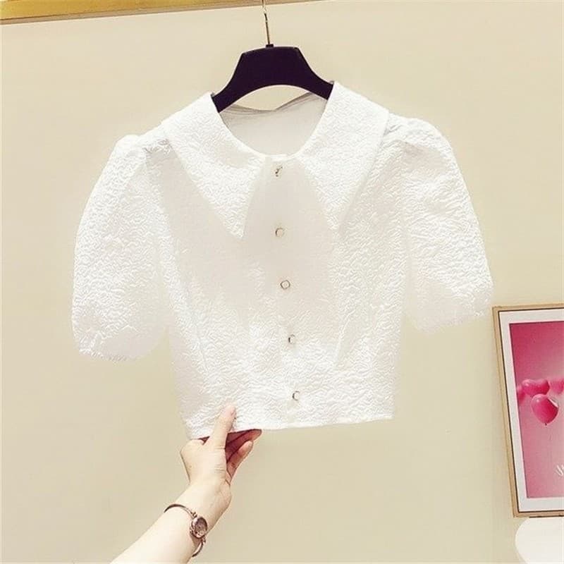 Verão novo estilo elegante All-Match manga Puff lapela cintura estreita camisa curta feminina de cintura alta curto-