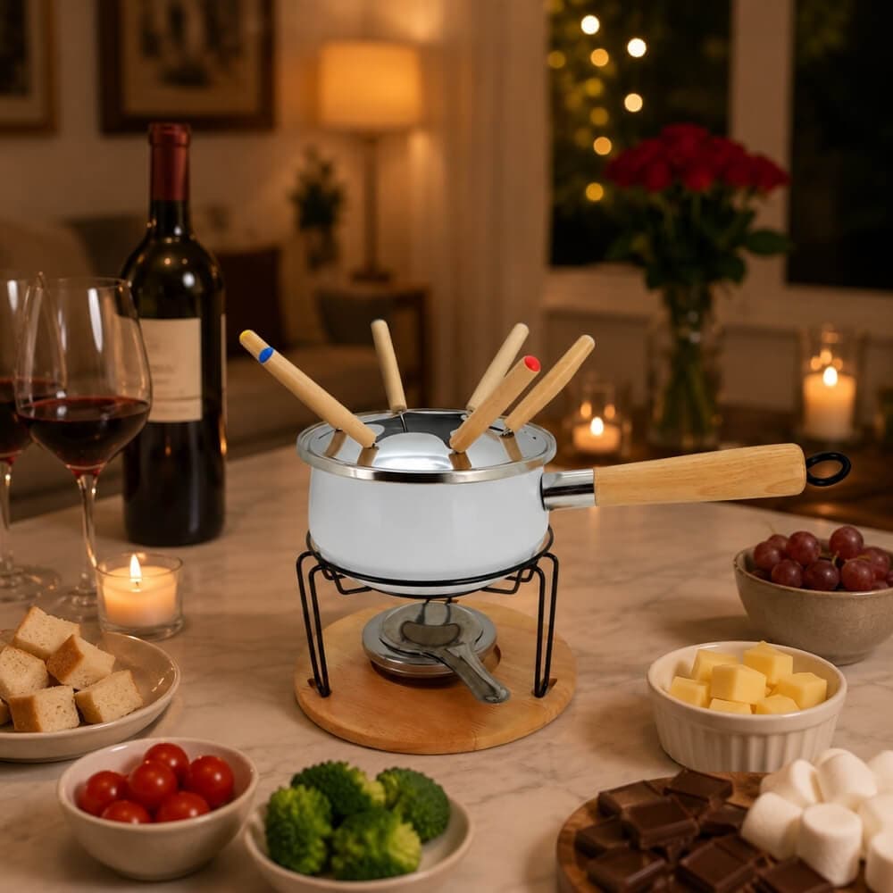 Jogo de Fondue com Base de Madeira para 6 Pessoas