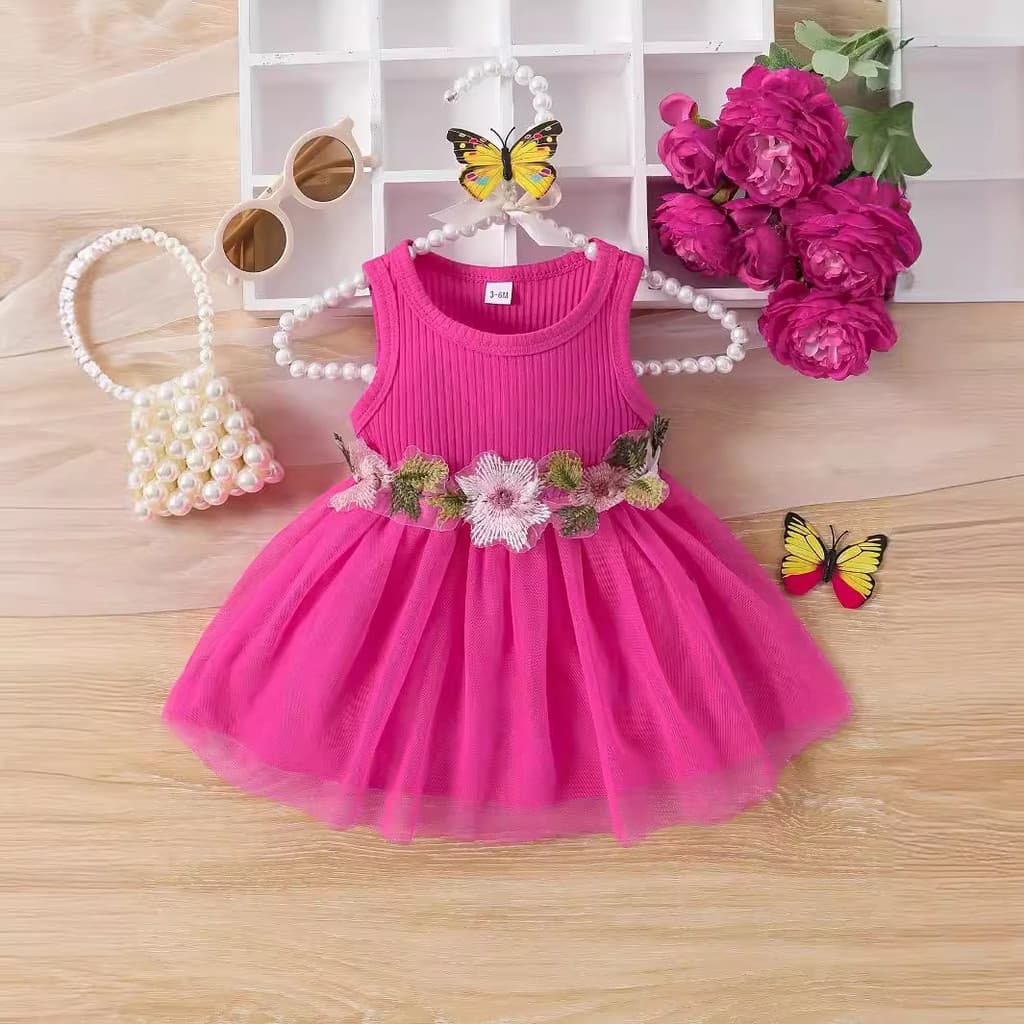 INS infantil médio pequeno crianças meninas verão sem mangas cintura flor costura gaze vestido doce na moda