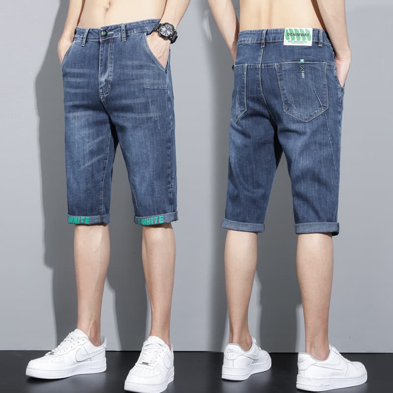 Verão fino Denim Shorts masculino recortado solto na moda Casual 7 pontos calças médias meio corte calças verão elastici