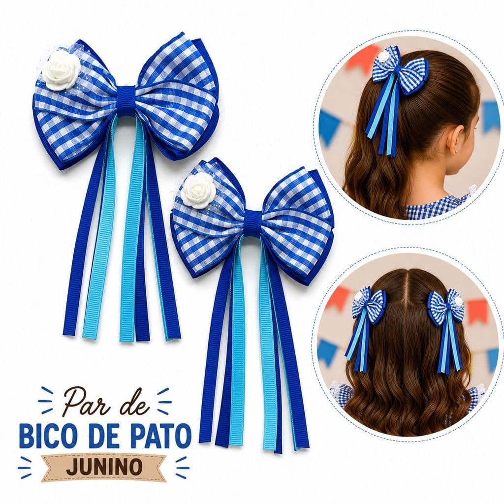 Par Presilha Bico de Pato Festa Junina Laço Xadrez Infantil Com Fitas E Flor