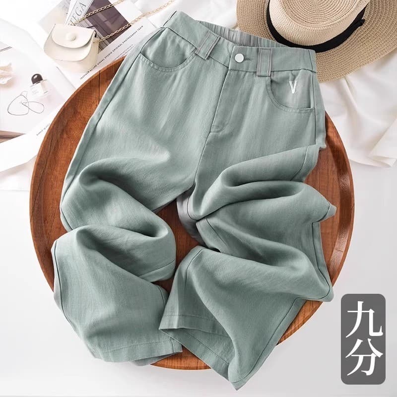 Linho verde Casual calças retas femininas 2025 primavera verão novo estilo elástico cintura alta mais magro olhar Tencel