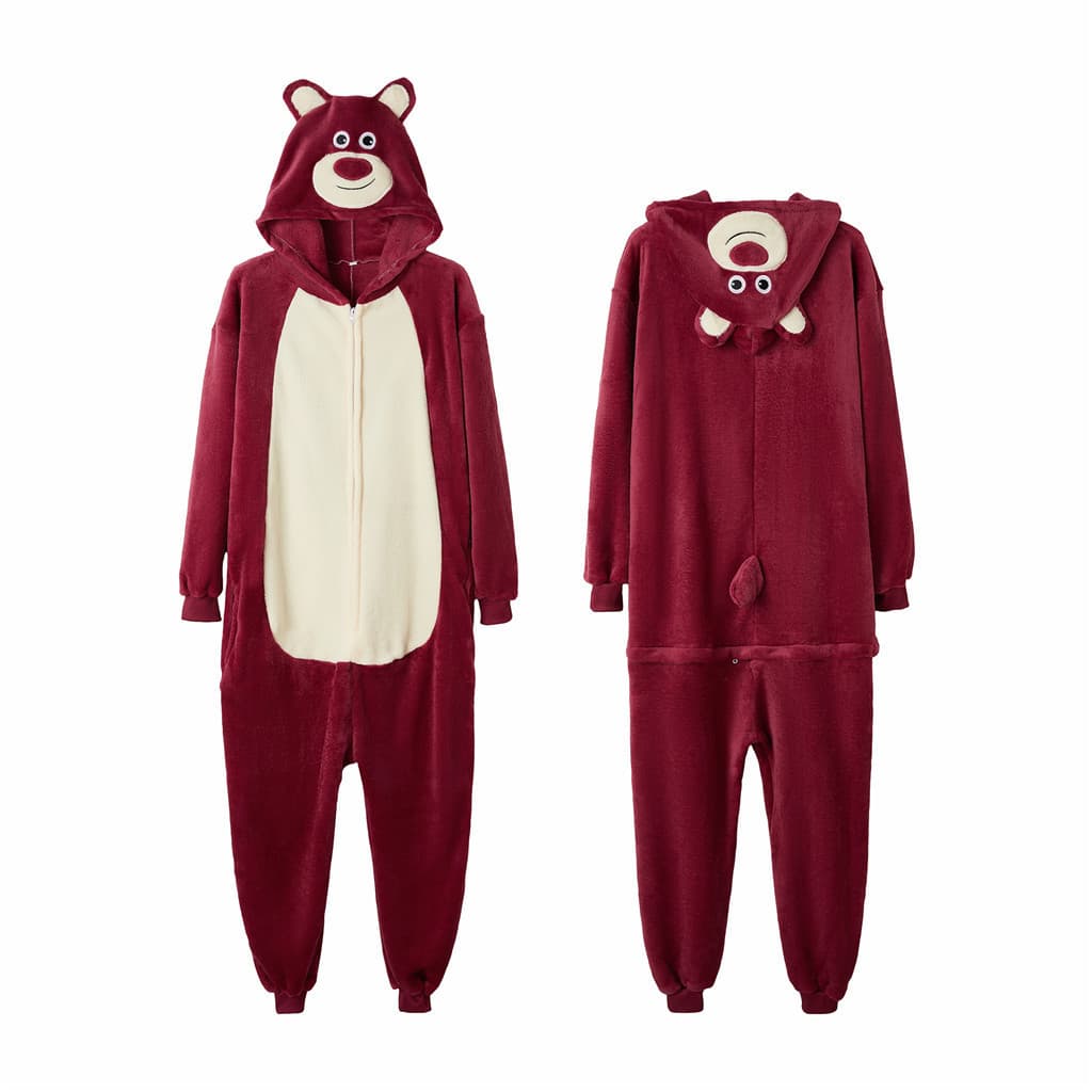 Novo Kigurumi Lotso Urso Dos Desenhos Animados Flanela Pijamas Feminino Masculino Com Capuz Macacões Anime Cosplay Traje