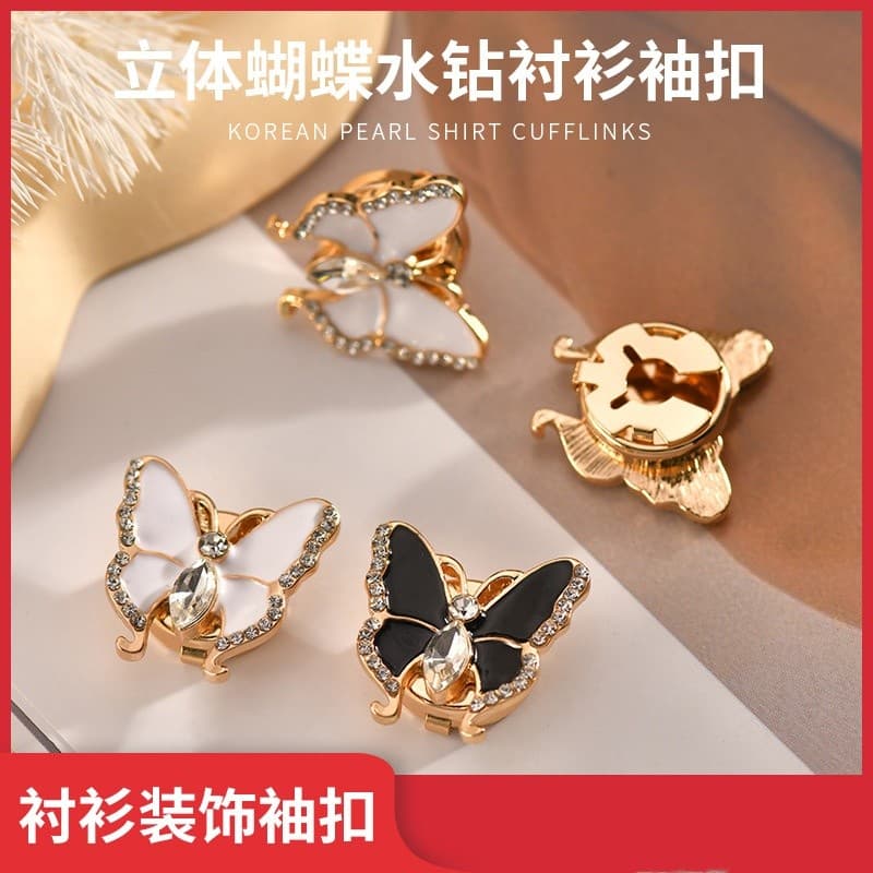 Senhoras tridimensional borboleta strass requintado camisa abotoaduras profissional terno manga botão decoração luz roup