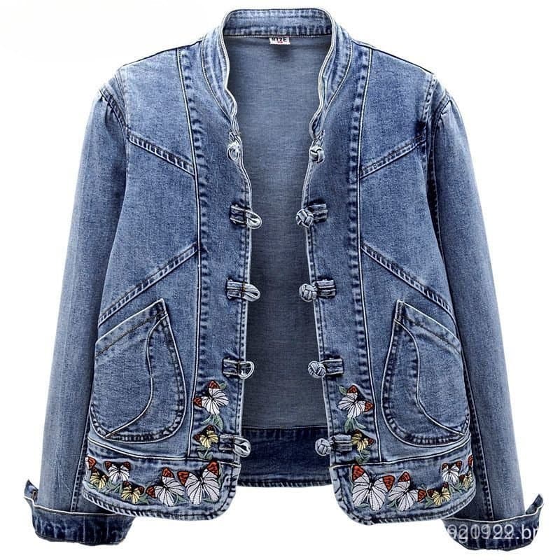 Jaqueta jeans curta vintage chinoiserie bordado stretch jaqueta feminina primavera e outono combina com tudo moda Haraju