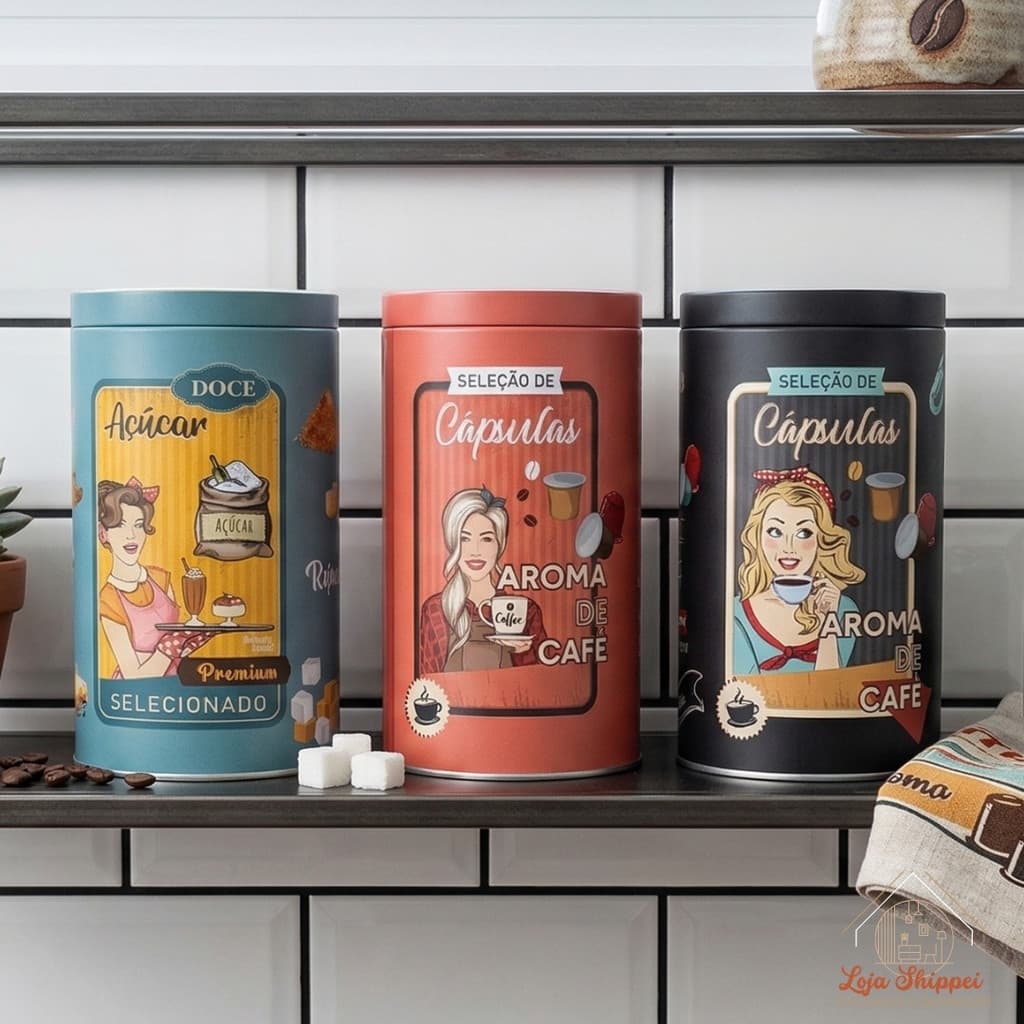 Kit 2 Latas Porta Condimentos Metal Açúcar Café Cápsulas Vintage Cores
