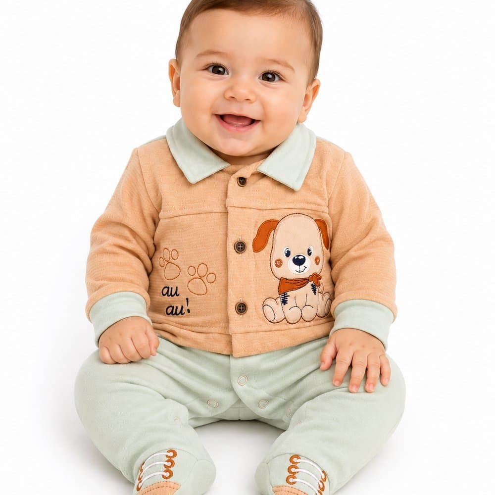 Macacão Bebê Menino Luxo Cachorrinho em Suedine Verde Claro - M.Baby