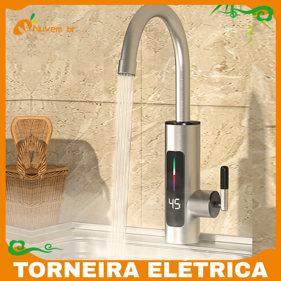Torneira Elétrica P/ Cozinha Banheiro 110/220V Com Visor de Temperatura Regulagem Giratória 360° Aço Inoxidável - NUVEM