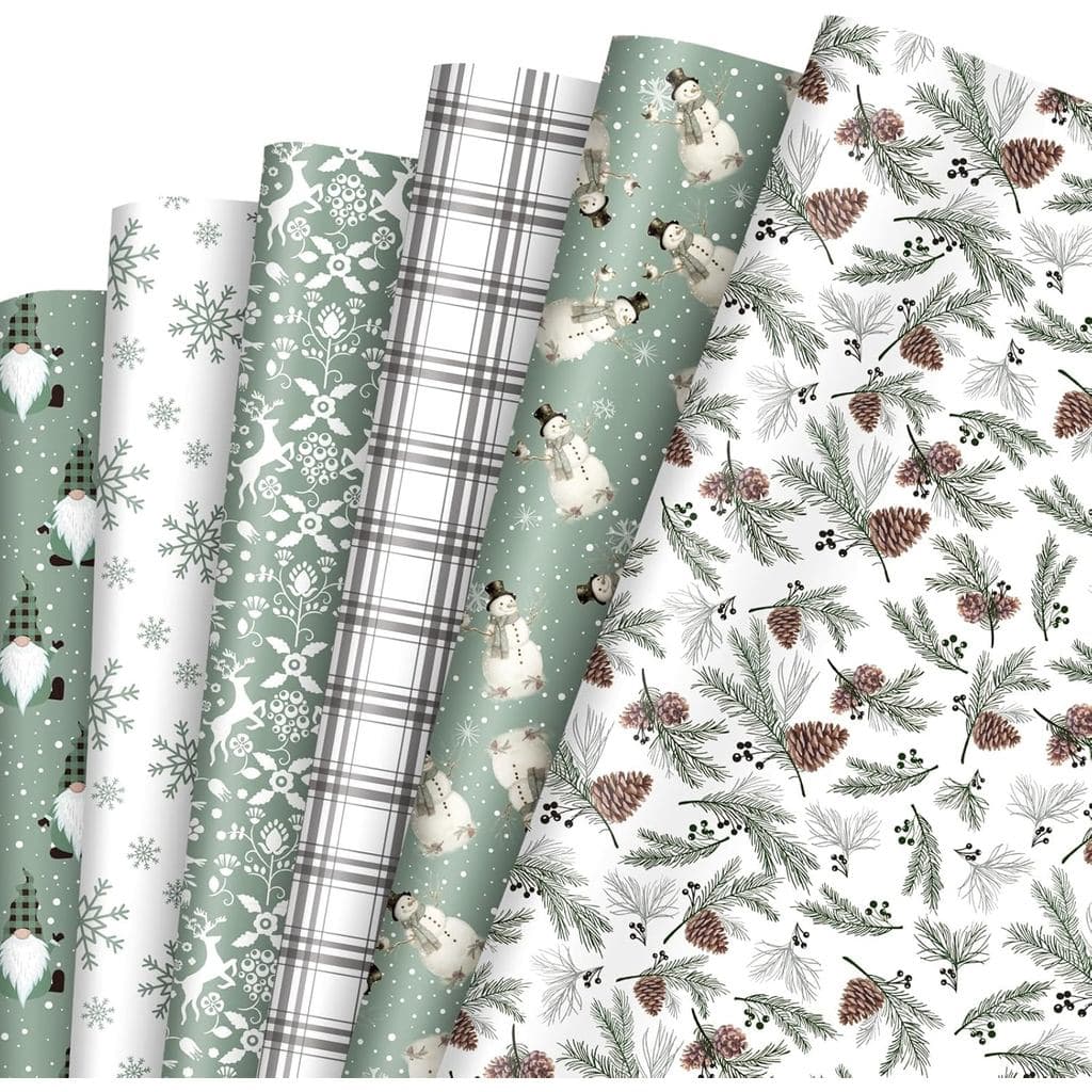 Whaline 12 Sheets Christmas Wrapping Paper - Not Roll - Sage Green Snowman Pinecone Gift Wrap Paper Folded Flat for DIY