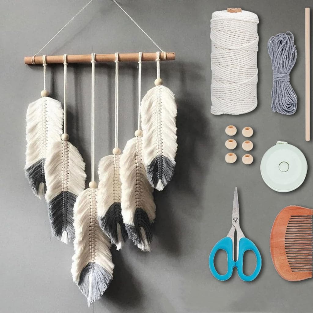 ORIGACH Kit DIY de Macramê com Penas para Pendurar na Parede, Tapeçaria Boho de Penas Brancas e Cinza Escuro, Kit de Mac