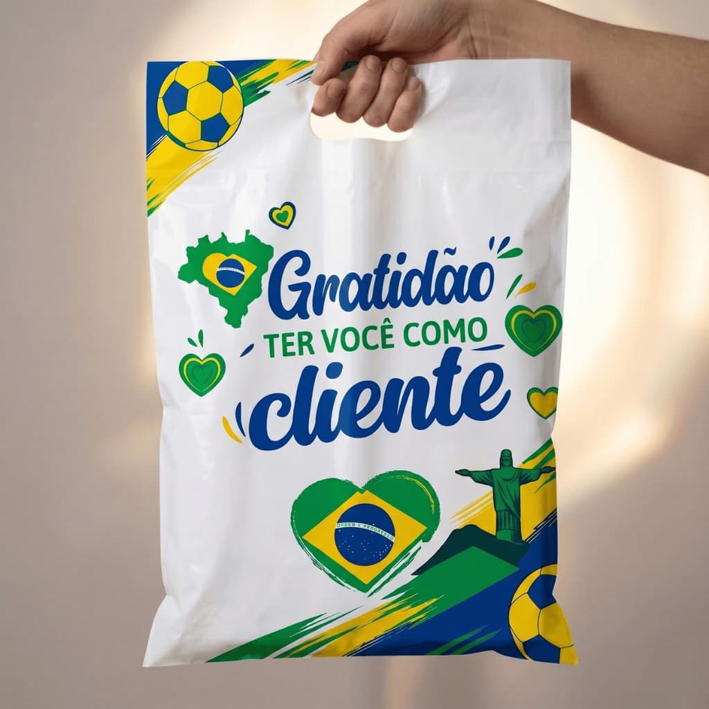 Sacola Personalizada Copa Gratidão Cliente Tema Brasil 30x40 Alça Vazada P/ Loja 50 Un