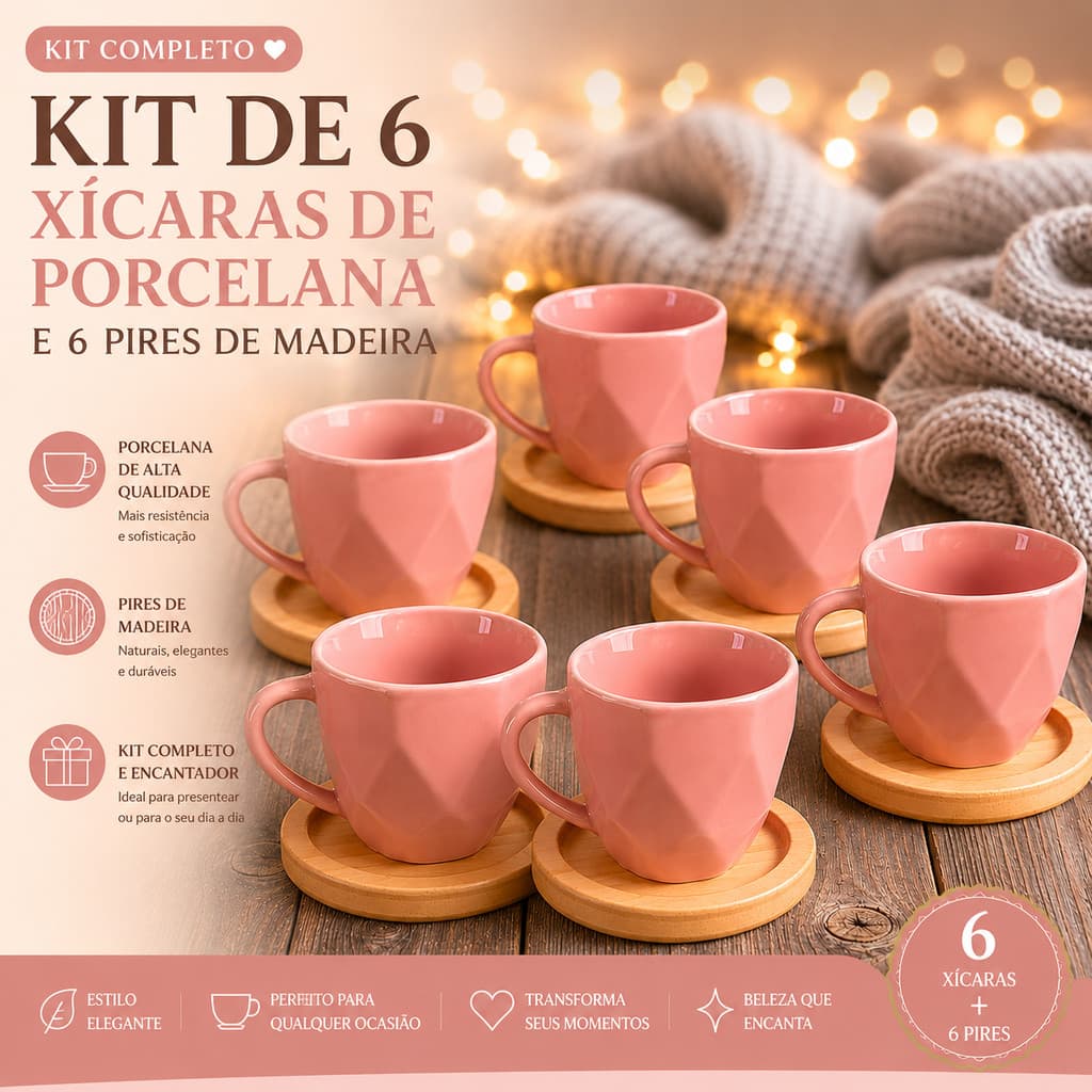 Jogo 6 Xicaras Porcelana Rosa Café Chá Com Pires Madeira 12 Peças Decoração Cozinha Mesa Posta