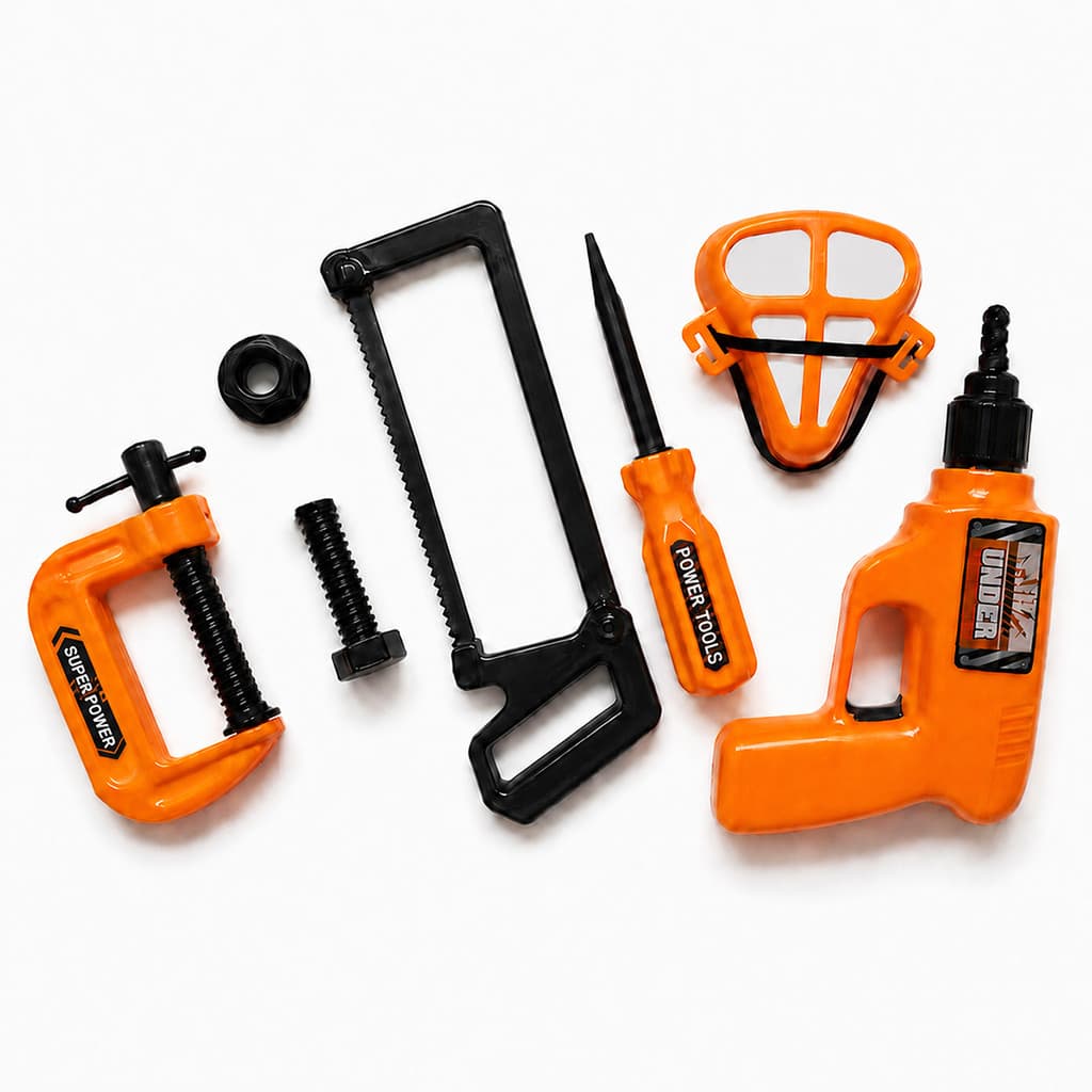 Kit 5 Ferramentas e EPI Infantis Handy Tool Set Laranja Conjunto de Brinquedo Faz de Conta