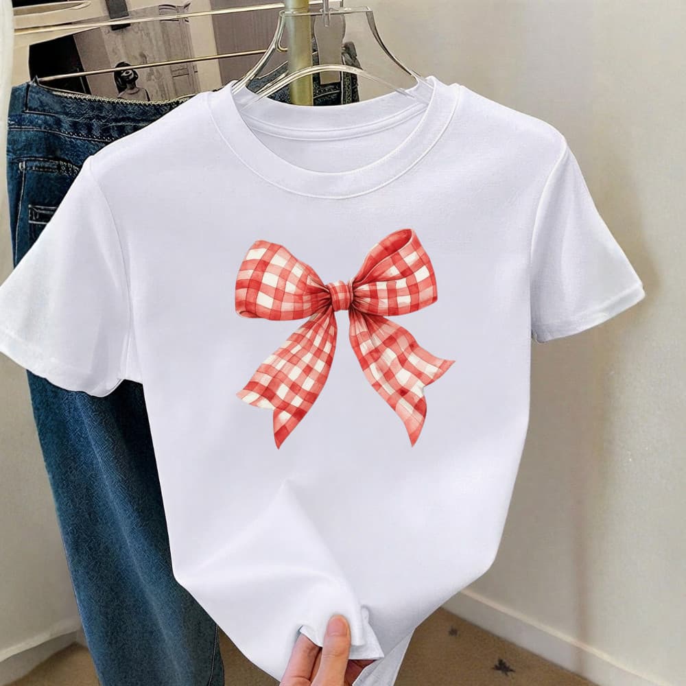 Camiseta Feminina T shirt Básica 100% Algodão Confortável Casual T-shirt Laço Vermelho Junino Brasil