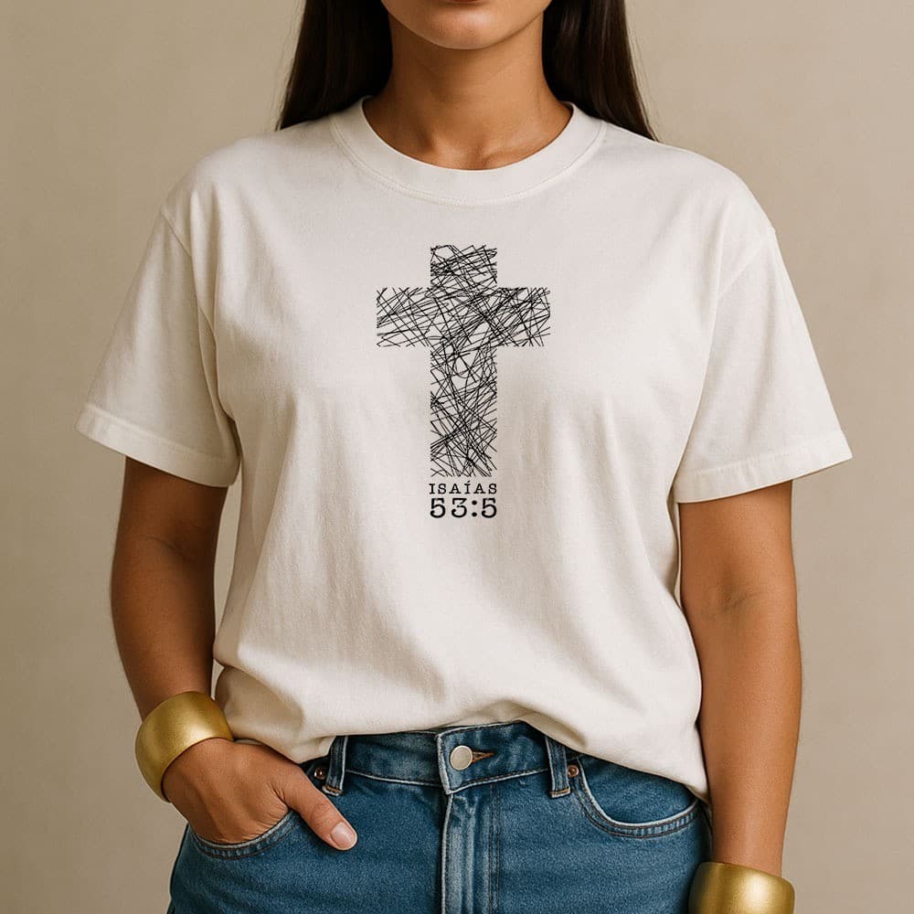 Camiseta 100% Algodão Isaías 53:5 Cruz Cristã Camisa Feminina Casual para o Dia a Dia Confortável