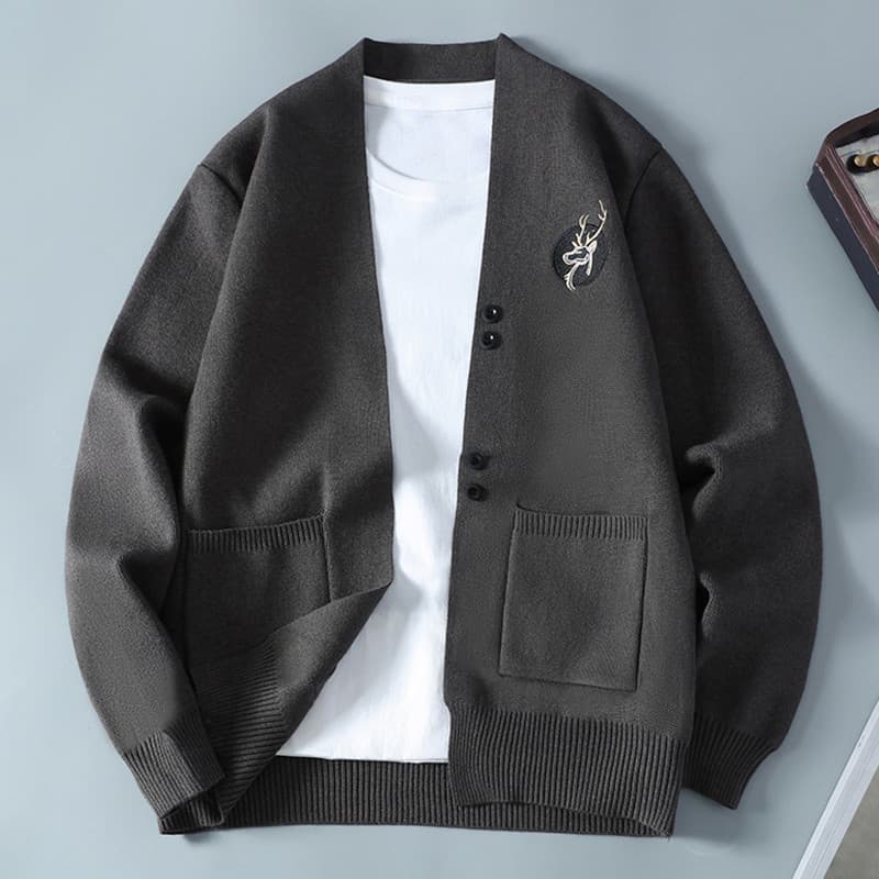 Cardigan jaqueta masculina primavera outono luz estilo maduro roupas de malha bordado solto camisola jaqueta bonito iníc