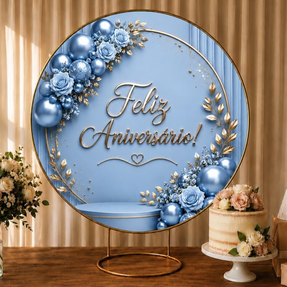 Painel redondo 50CM X 50CM de mesa FELIZ ANIVERSÁRIO festa veste facil com elastico