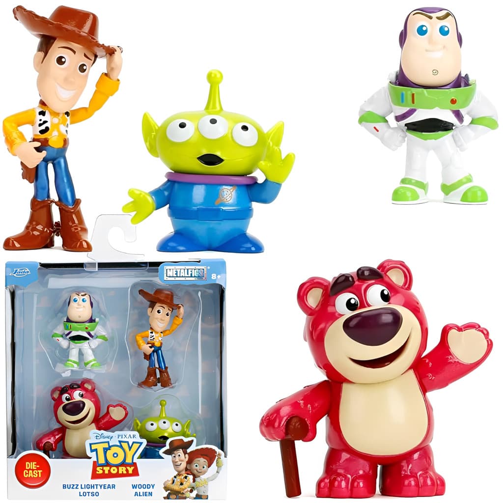 Conjunto de Bonecos Figura Linha Metalfigs Toy Story Disney Woody Buzz Lotso e Alien Colecionável