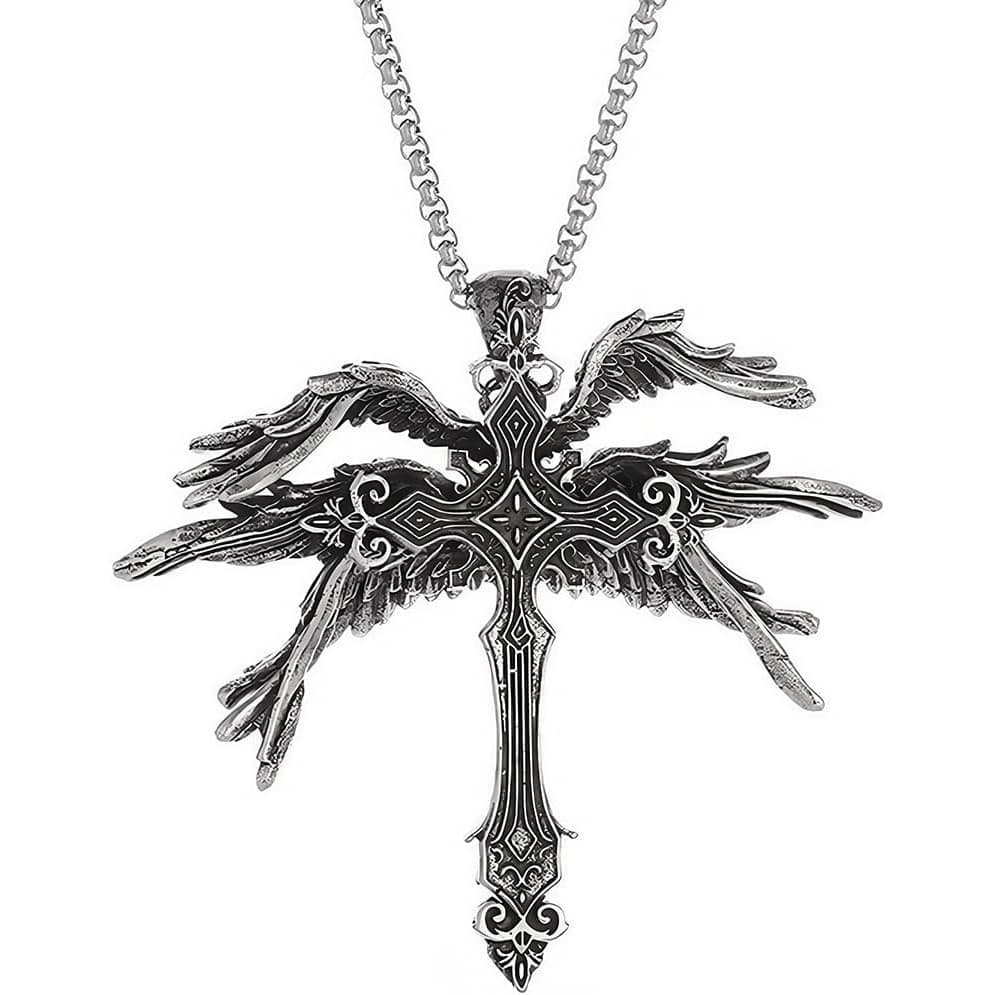 Colar Gótico Masculino com Cruz, Pingente Clássico de Cruz de Anjo com Seis Asas, Colar Punk Prateado, Talismã, Colar Es