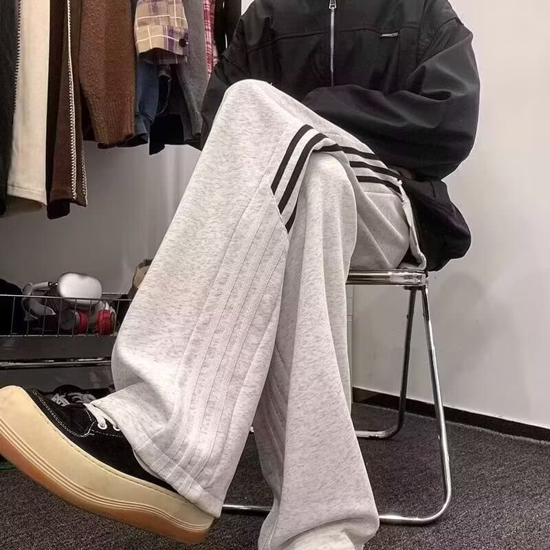 Calça de moletom cinza masculina primavera outono americana listrada perna larga pesada roupa de rua esportiva solta ret